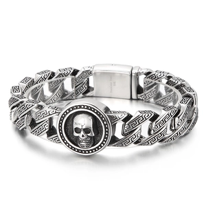 Men Bracelet 316L Stainless Steel Skull Charm Greek Key Pattern Cuban Link Chain Hip Hop Punk Vintage Jewelry