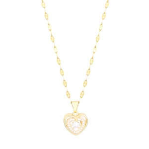 Macro detail of gold heart necklace pendant with sparkling crystals and central main stone