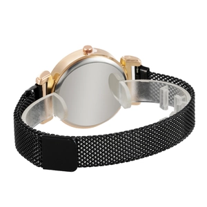 Detailed back view of an elegant rose gold women's watch featuring a black mesh strap