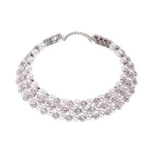 Elegant three-row pearl and rhinestone choker necklace with adjustable silver lobster clasp