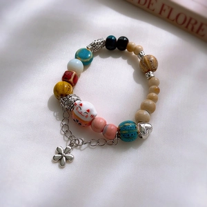 Lucky cat ceramic beaded bracelet with floral charms and heart metal accents for women