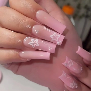 Press On Nails Long Coffin Pink Ombre White Flower Artificial Pearl Decor Artificial False Nails For Women Sweet French Style