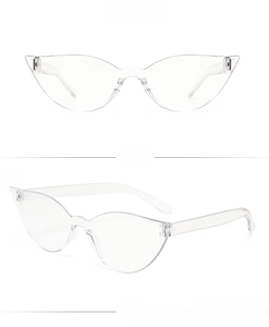 Detailed front and side views of irregular cat eye sunglasses with clear transparent frame