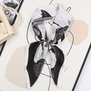 Elegant Camellia Flower Print Square Scarf Satin Satin Smooth Hair Accessory Neck Wrap French Style Women Fashion