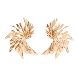 Polished gold metallic spiral leaf earrings with a textured folding fan design