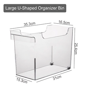 U-shaped large transparent storage bin with wheels for kitchen cabinet organization
