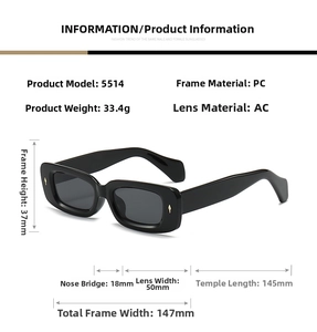 Detailed size specifications for rectangular PC frame sunglasses with AC lenses, model 5514