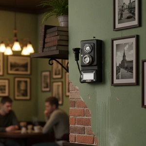 Vintage wall-mounted rotary telephone model in a nostalgic cafe setting with rustic decor