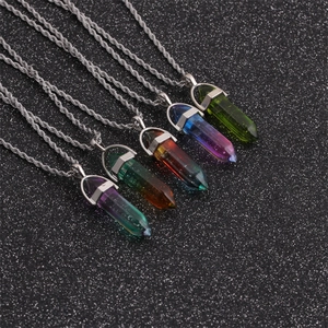 Five hexagonal crystal point pendants in various colors on silver twisted chains