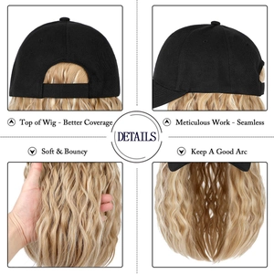 Detail showing soft bouncy synthetic long wavy hair wig integrated with black baseball cap
