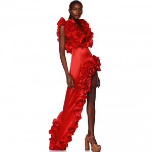 Elegant red satin dress with V-neck ruffles and high-slit skirt shown on model