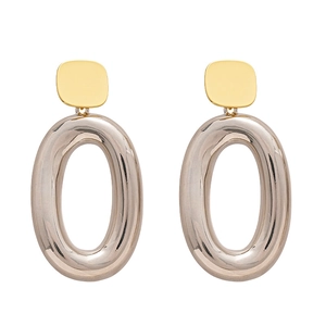 Polished chunky gold square stud and silver oval hoop geometric drop earrings for women
