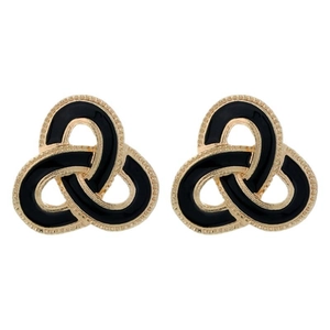 Vintage black enamel Celtic knot stud earrings with golden beaded border for women