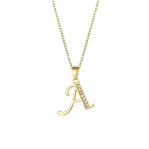 18K gold plated stainless steel necklace with sparkling zircon letter A pendant
