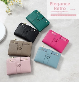 Litchi pattern leather short wallets in six colors with metal snap buttons and hardware