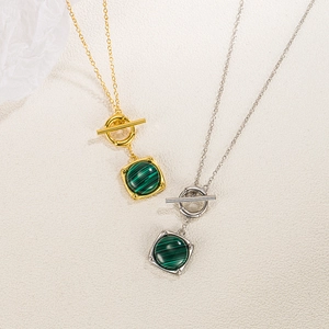 S925 silver malachite necklace with square green stone pendant and OT buckle design