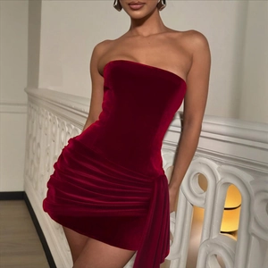 Mini Abito In Velluto Senza Spalline Sexy Per Donna Arricciato Aderente Party Clubwear Rosso Borgogna