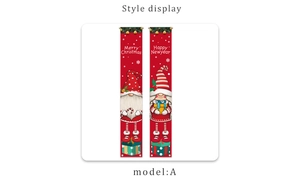 Detail of red Merry Christmas door banners featuring festive gnome couple illustrations