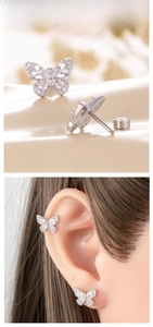 Detailed view of silver butterfly stud earrings with zircon inlay and screw-back design