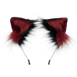 Realistic cat ear plush headband set in black and burgundy faux fur for cosplay costume