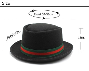Detailed size specifications for wool pork pie hat with dimensions for crown and brim