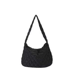 Black quilted nylon cloud tote bag with spacious interior for daily commute