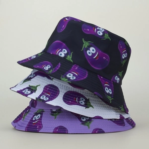 Three-piece bucket hat set with cute cartoon eggplant print in navy, white and purple