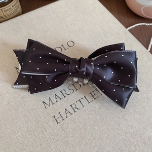 Detail of vintage brown satin polka dot bow hair clip on an aesthetic book background
