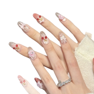 Handgemaakte kunstnagels met 3D kersenbloesem en schattige strikjes in zoete stijl