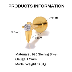 925 sterling silver geometric piercing stud with gold plating and cubic zirconia stone