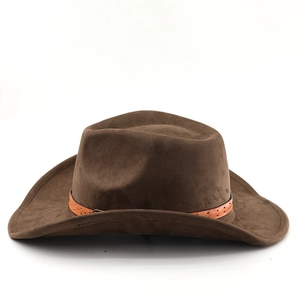 Close-up of dark brown suede cowboy hat featuring a leather band with round hole details