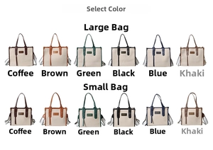 Canvas tote bags in two sizes and multiple colors with faux leather trim and handles