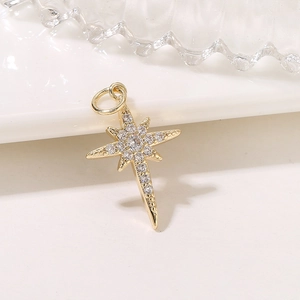 Gold eight-point star pendant with inlaid zircon stones and connecting ring
