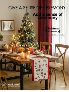Detailed Christmas table runner featuring snowmen and reindeer on cream linen fabric