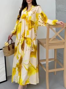 V-neck long-sleeve maxi dress in yellow and cream abstract watercolor floral print