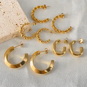 Stainless Steel C-Shaped Hoop Earrings For Women Twisted Wire Geometric Beaded 18K Gold Plated Minimalist Daily Jewelry Gift
