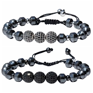 Men Adjustable Beaded Bracelet With Brass Beads And Micro Pave Zircon Spheres Handmade Woven Rope Fashion Unisex