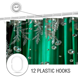Detail of 3D Christmas shower curtain with silver fir branches and 0.4 inch metal grommets