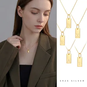 Minimalist 925 Sterling Silver Initial Square Plate Pendant Necklace For Women Electroplated Letter Choker Fashion Jewelry Gift