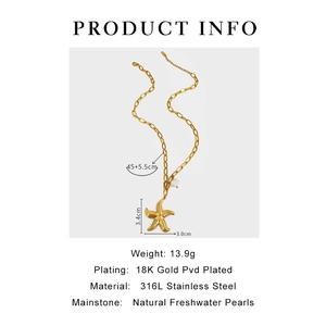 Détail du collier étoile de mer en or 18K PVD avec perle, 3.4x3.0cm, acier inoxydable 316L