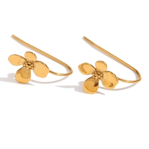 18K gold plated stainless steel floral drop earrings for women on white background