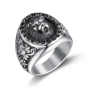 Vintage stainless steel lion head ring for men with black zircon accents and silver finish