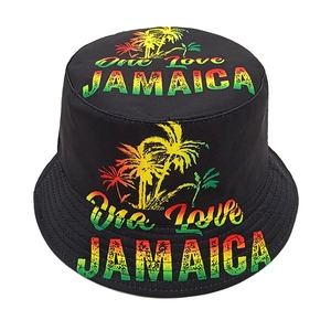 Black One Love Jamaica bucket hat with Rasta palm tree print for sun protection