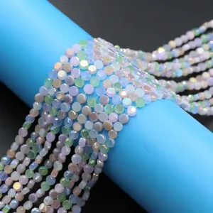 Strands of 4mm flat round gradient glass beads with AB rainbow coating for DIY jewelry making