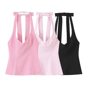 Halter Neck Top Polyester Backless Bow Tie Deep V Slim Fit Sexy Sweet Gingham Solid Cami For Women