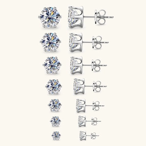 Vertical view of 7 pairs of S925 silver moissanite stud earrings in various sizes