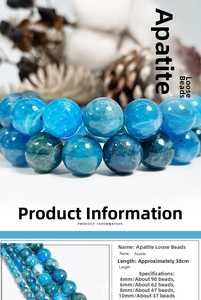 Macro detail of natural blue apatite beads with specifications for DIY jewelry making