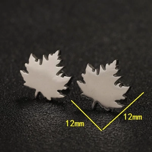 Minimalist silver maple leaf stainless steel stud earrings 12mm size on black background