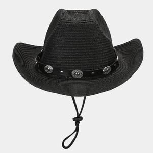 Detail of black woven straw cowboy hat featuring silver metallic buckles and chin strap