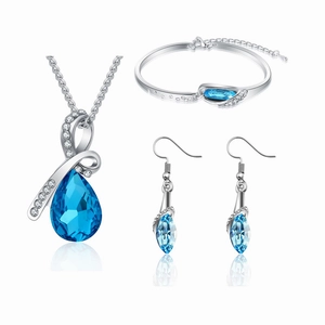 Elegant silver angel tear jewelry set with blue teardrop crystals and clear zircon accents